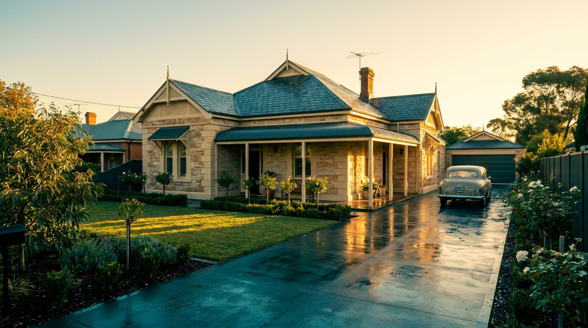 A house and driveway lit by late afternoon light after cleaning