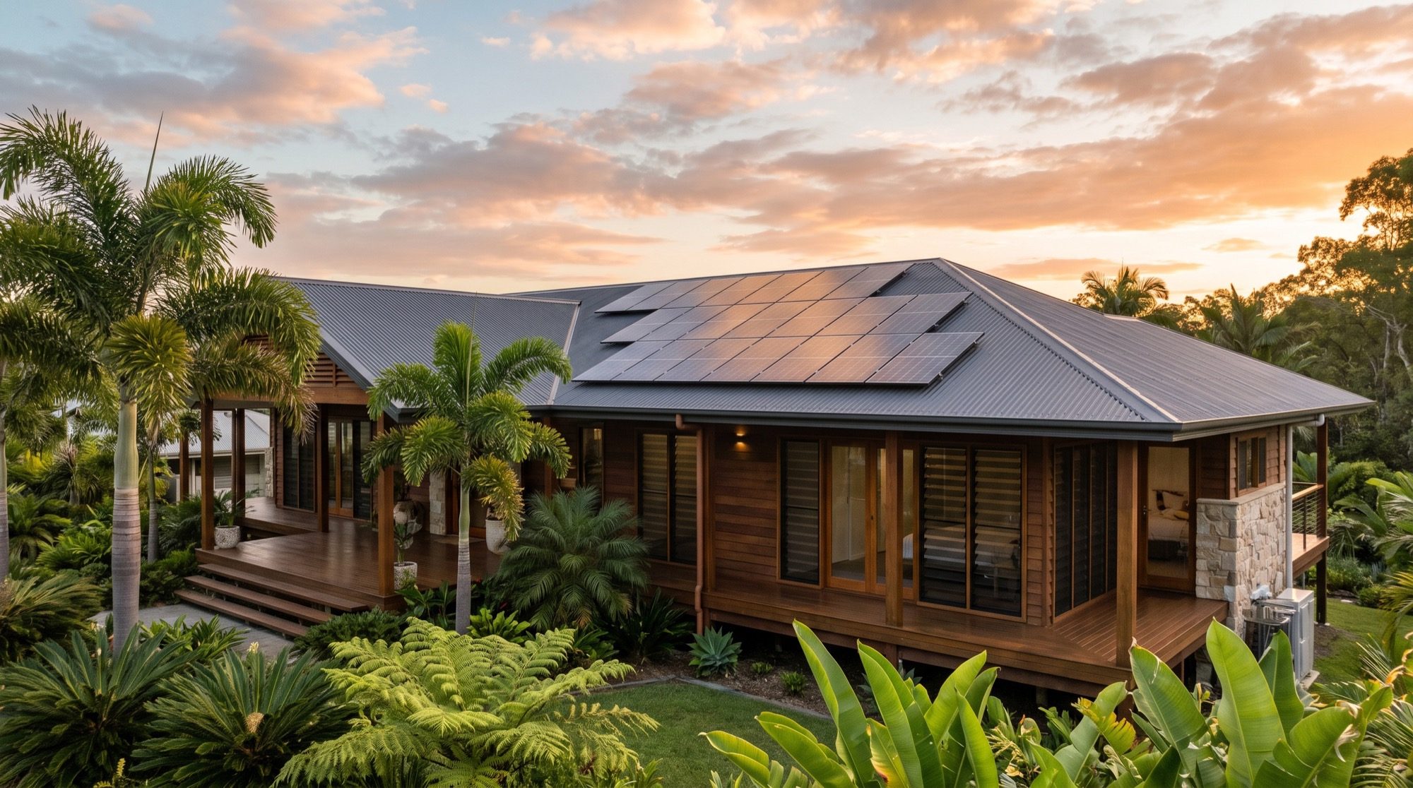 A low-set home with solar panels on the roof and palms in the garden at golden hour