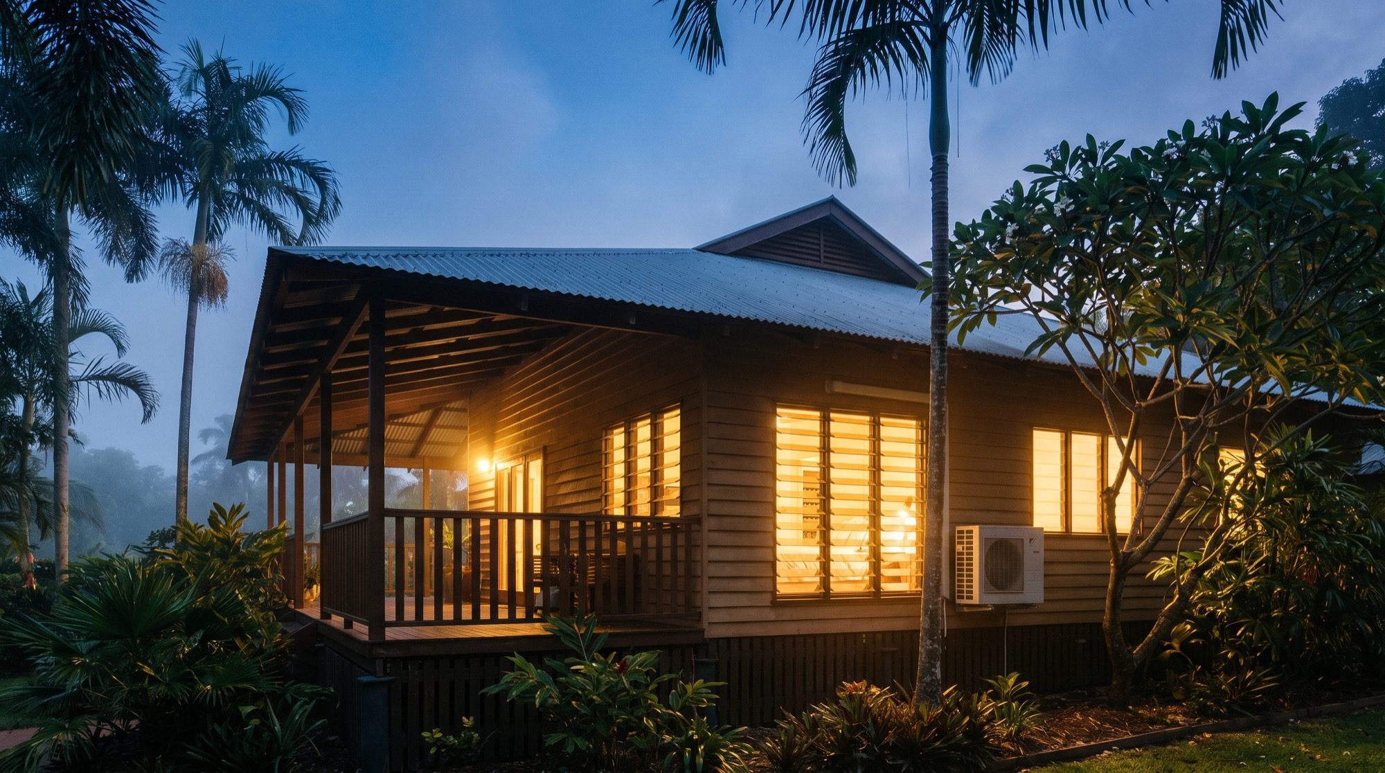 A timber home with a veranda and palms at dusk, lit from inside