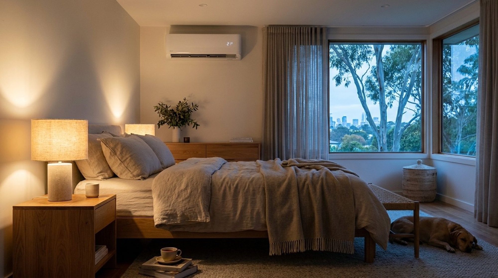 A quiet bedroom with a wall-mounted split system above the bed