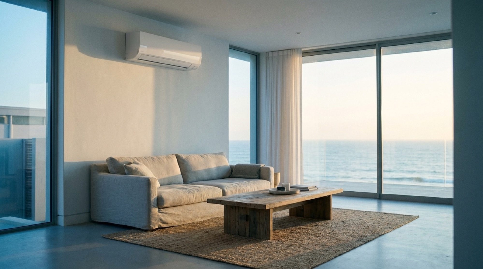 A calm living room with a wall-mounted split system and an ocean view