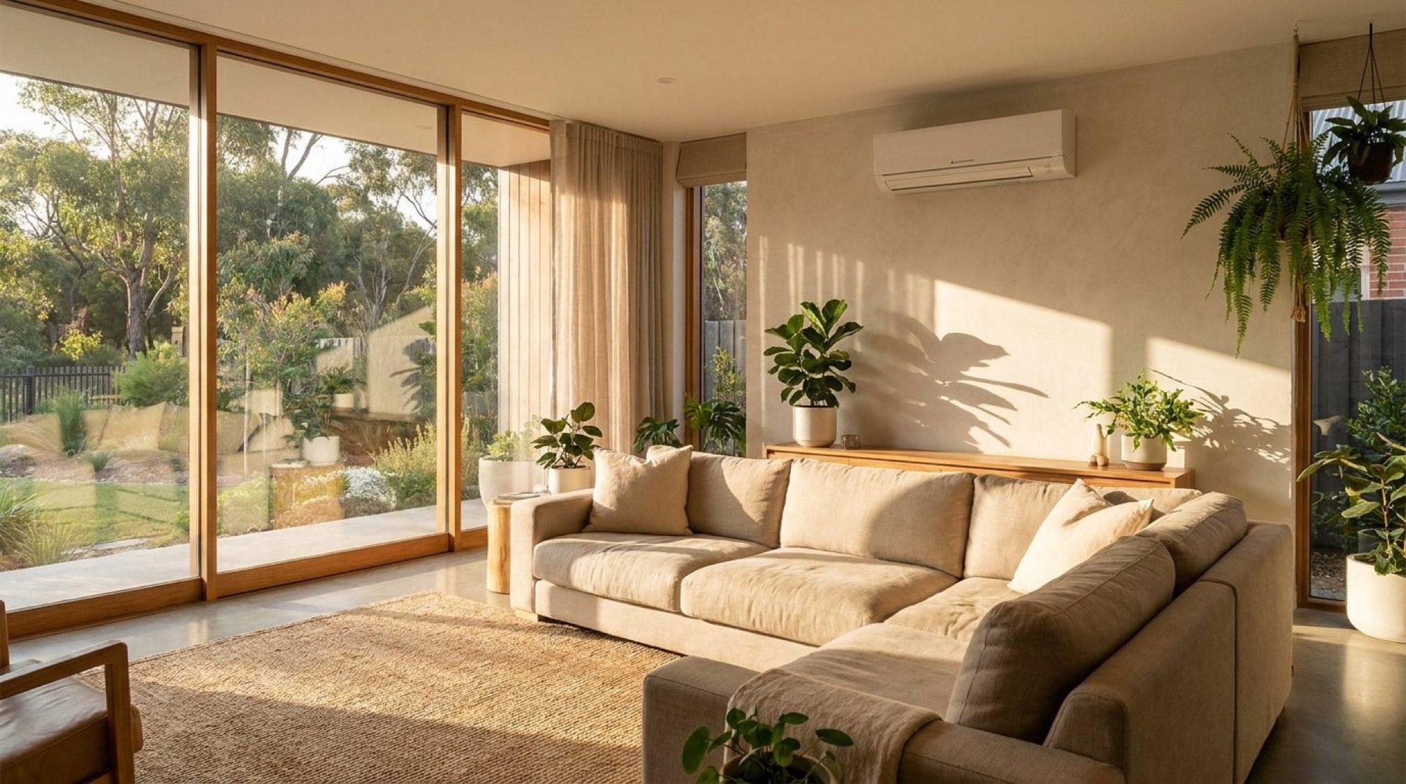A living room with a wall-mounted split system and greenery outside the window
