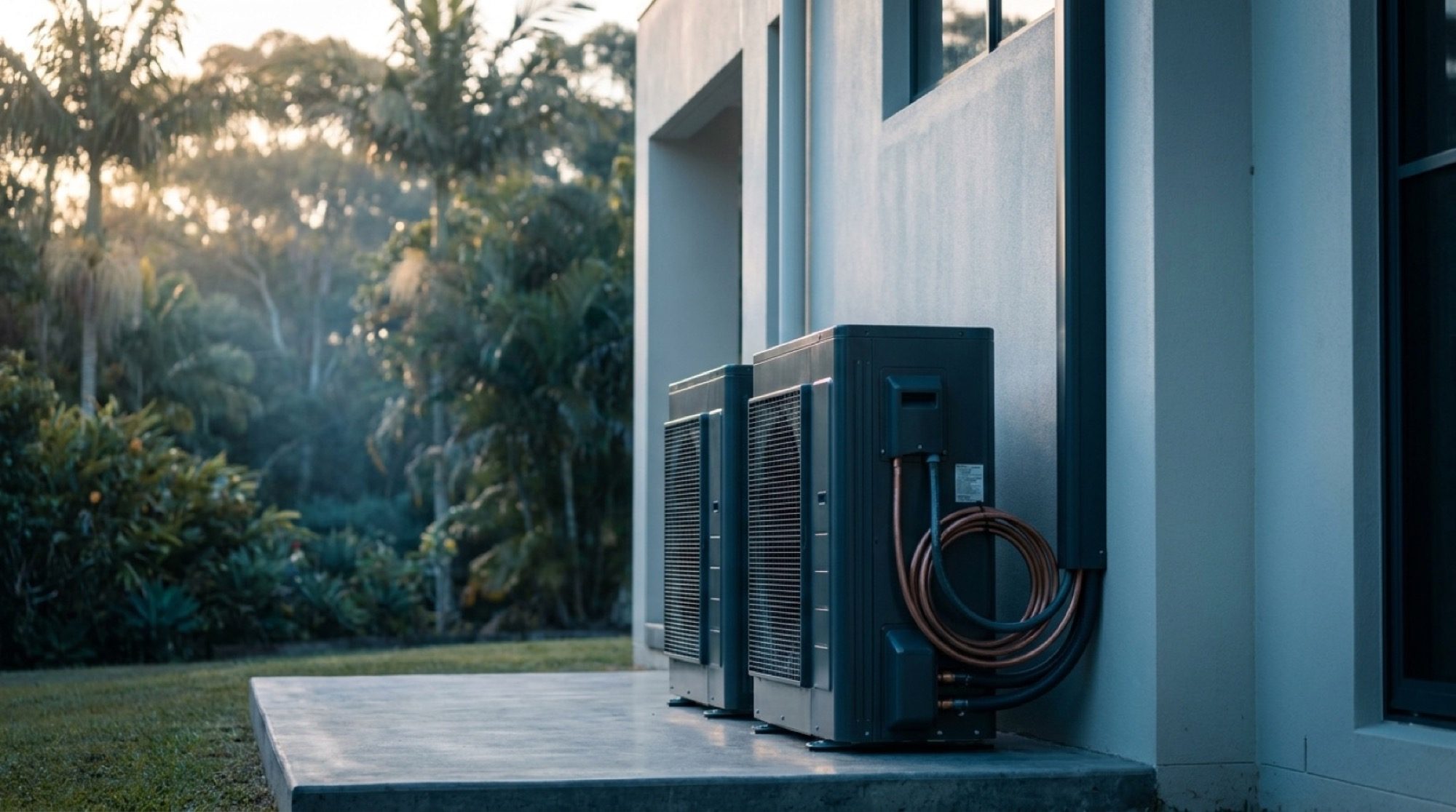 An outdoor air conditioning condenser unit beside a house wall at dusk