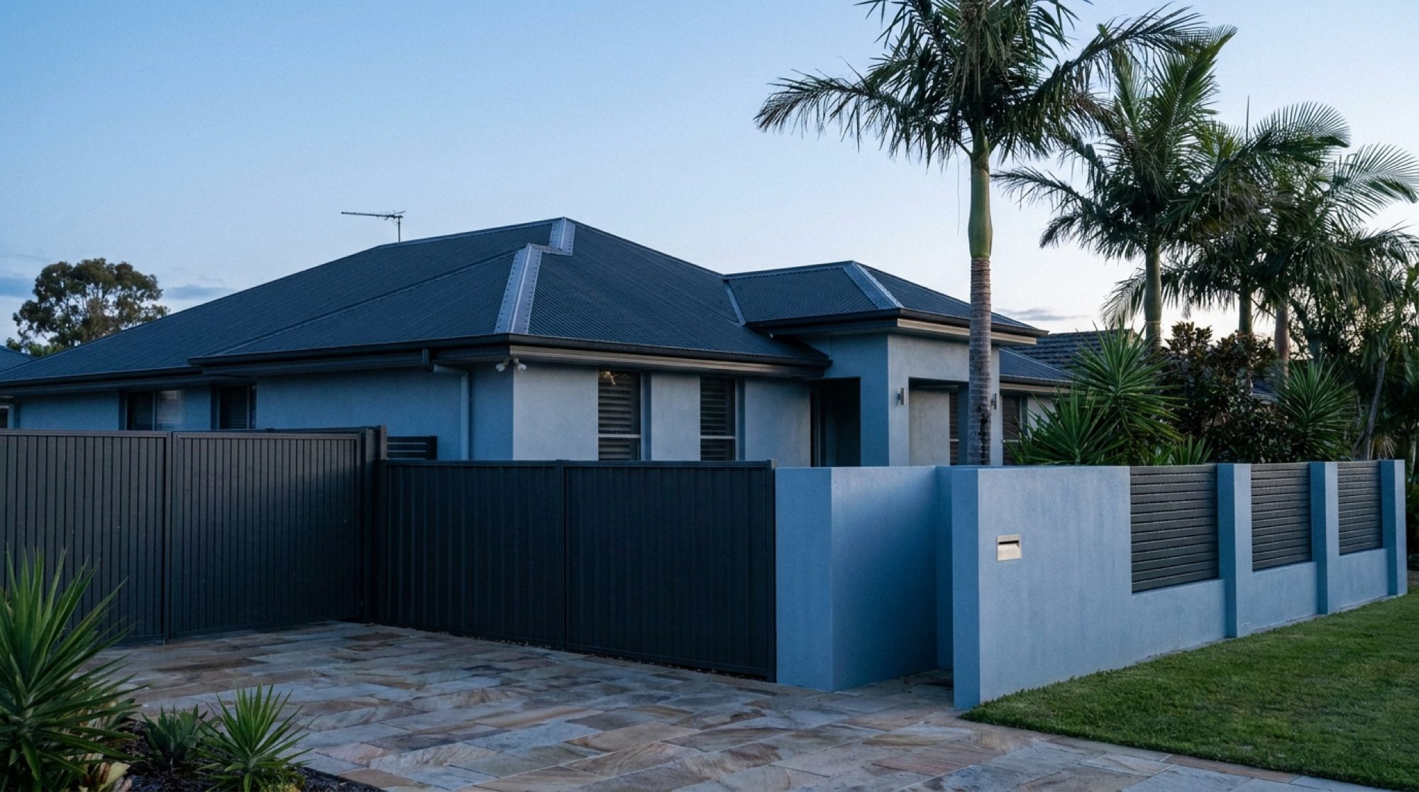 A modern low-set home with palms in the front garden under a bright sky