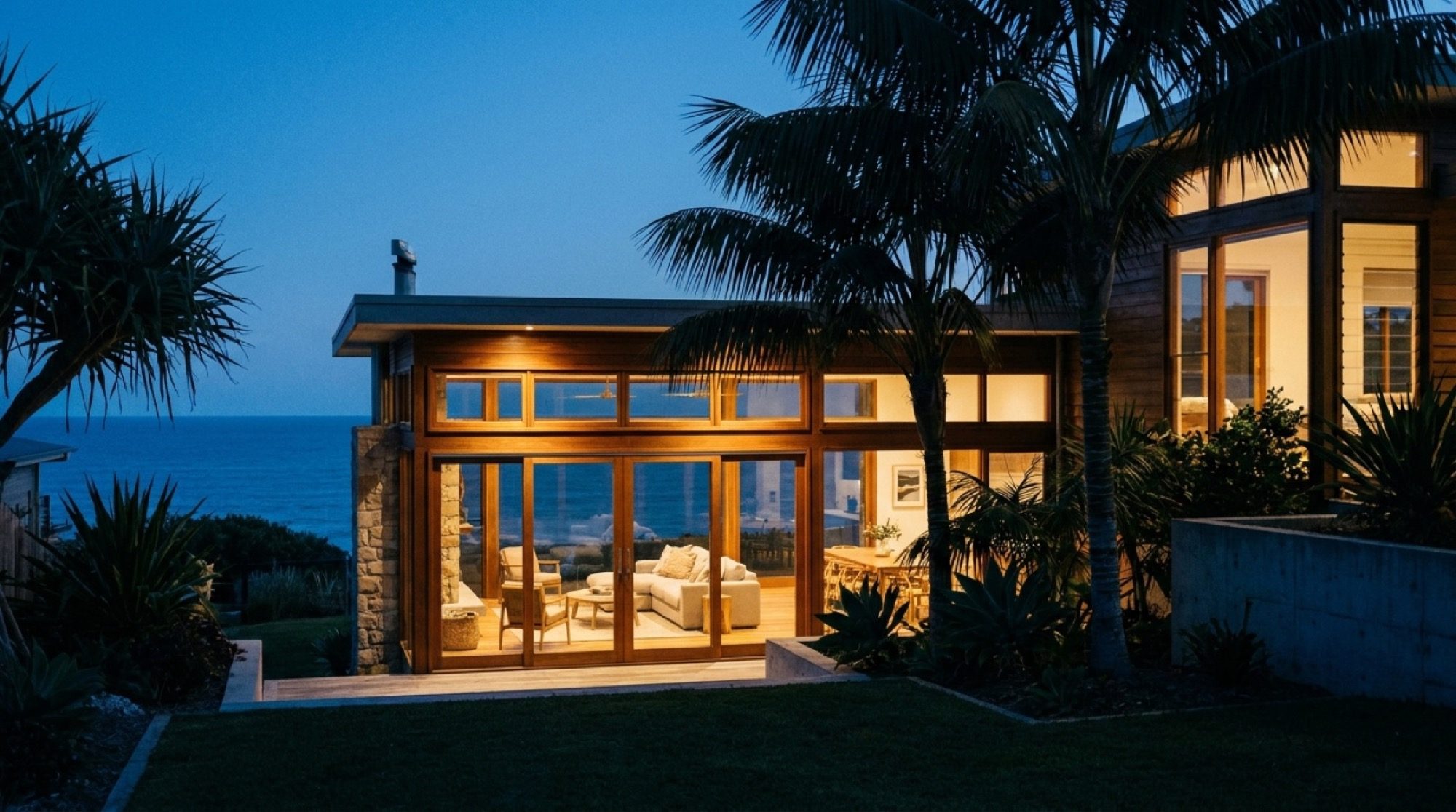 A tropical home at dusk with palms and warm light through the windows