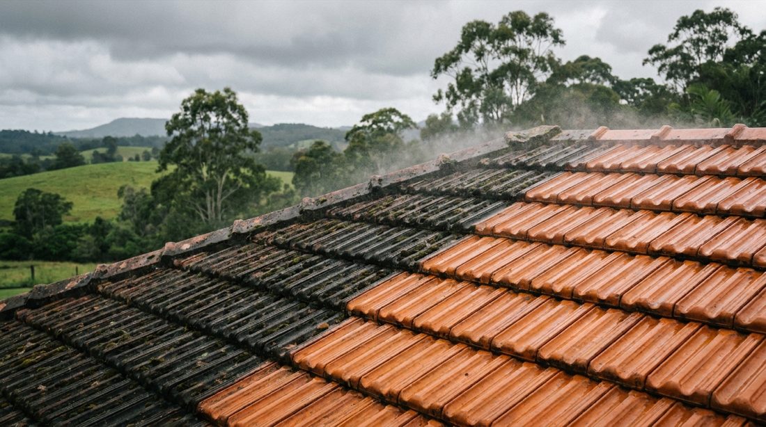 A tiled roof being washed, with clean tiles emerging beside dirty ones