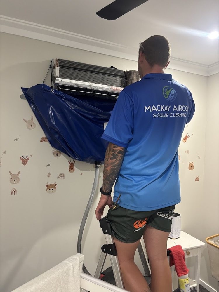 A technician on a ladder cleaning a wall-mounted split system with a catch bag fitted